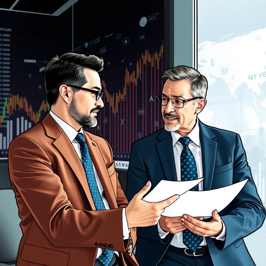 Two businessmen are looking at papers in front of a stock market chart on a screen and a window with a world map.