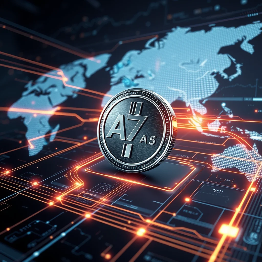 A close-up, eye-level shot showcases a metallic, silver coin with the stylized letters "A7" and the number "A5" engraved on it, set against a dark, futuristic backdrop. The coin is positioned slightly to the right of center, catching the light and emphasizing its textured surface and raised edges. Behind the coin, a digital representation of the world map glows with a soft blue hue, interconnected by a network of vibrant orange lines that resemble glowing circuits or data streams. These lines emanate from the coin, extending across the map and creating a sense of global connectivity and technological advancement. The overall impression is one of digital finance, cryptocurrency, or a global network.