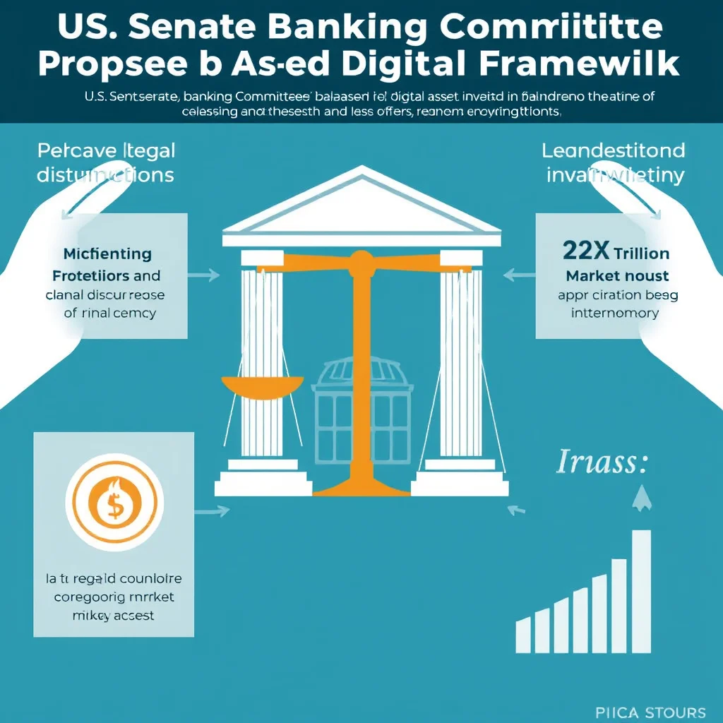 A diagram illustrating US Senate Banking Committee's proposed digital framework, featuring a courthouse with scales of justice, an upward trending bar graph, and text boxes with seemingly garbled content.