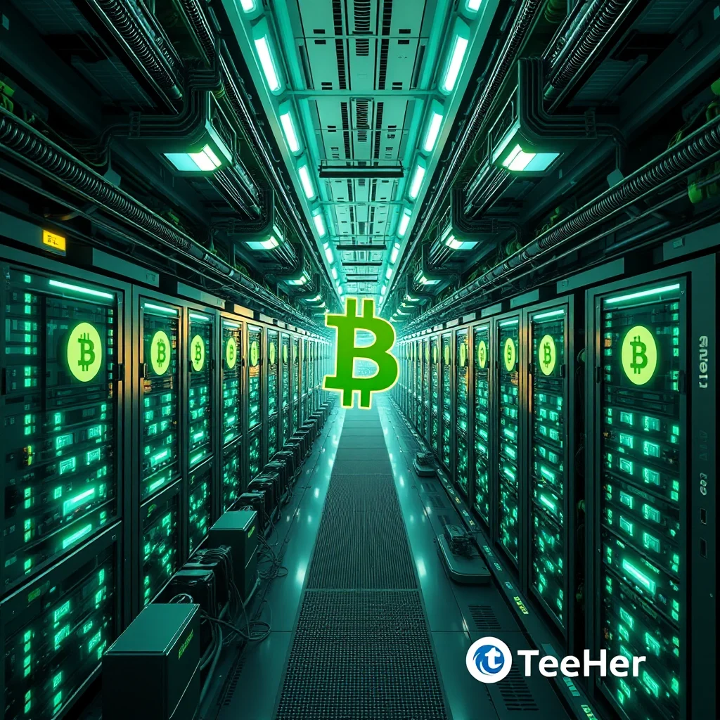 A large, bright green Bitcoin symbol hovers in the center of a long, dark hallway filled with server racks. The racks are stacked high on both sides of the hallway, with glowing green lights emanating from the front panels. Above, the ceiling is lined with fluorescent lights and a network of pipes and cables. The overall impression is one of advanced technology and digital processing.