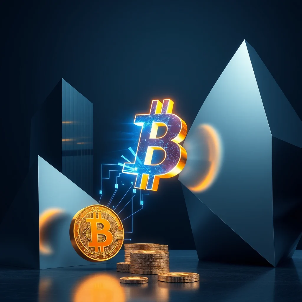 A golden Bitcoin symbol glows with blue electricity and is surrounded by geometric shapes and stacks of coins.