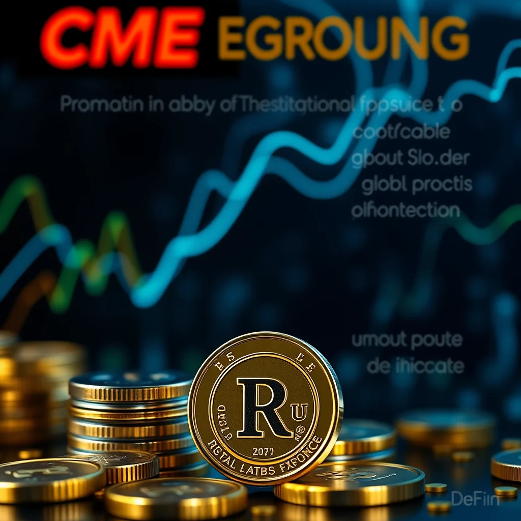 A close-up, eye-level shot of several gold coins stacked and scattered across a dark, reflective surface. Behind the coins, a blurred graph displays upward trending blue, green, and orange lines against a dark blue background with bokeh lights. In the top left corner, large, glowing red letters spell out "CME," followed by yellow letters that read "EGROUNG." Below this, smaller white text is scattered across the image, including "Promatin in abby of Thestitational fpspuiceto coot/cable about Slo.der globl proctis olhontection" and on the right, "umout poute de ihiccate." The coin in the center of the frame is upright and detailed, featuring a large "R" in the middle with a circular pattern and text around it, including "2071" below the "R" and "REGTAL LATBS FXPONCE" around the edge.