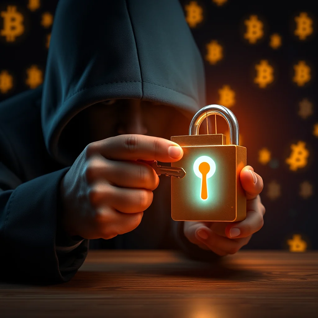 A person wearing a dark hooded jacket is holding a golden padlock with a glowing keyhole in the center. Their hands are inserting a small silver key into the lock, which is illuminated with an orange glow. The background is dark, with numerous blurred golden Bitcoin logos scattered throughout.