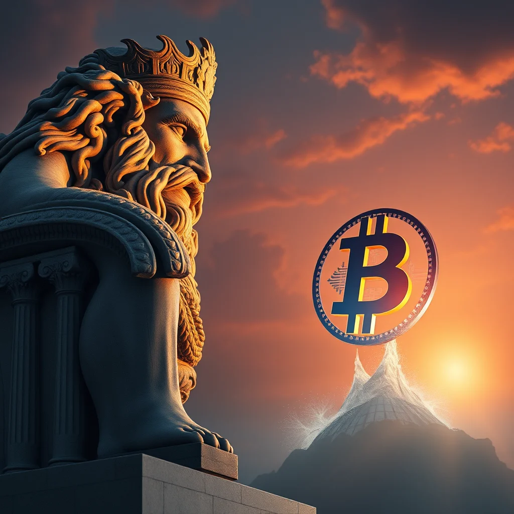 A monumental statue of a king wearing a crown stands in profile, looking out at a stylized Bitcoin symbol rising from a mountain peak bathed in the warm glow of a sunset.