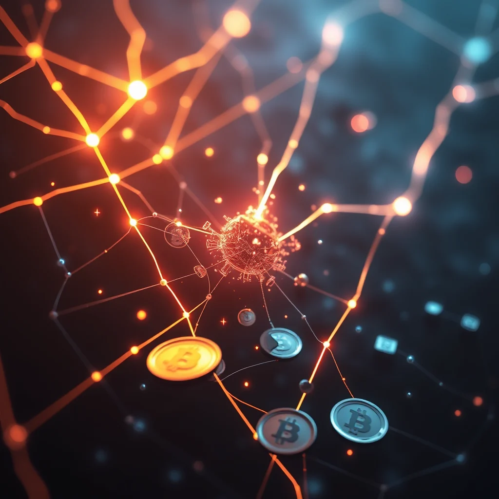 A digital network with glowing orange nodes and lines, connecting to a central, abstract sphere. Several bitcoin coins are embedded in the network.