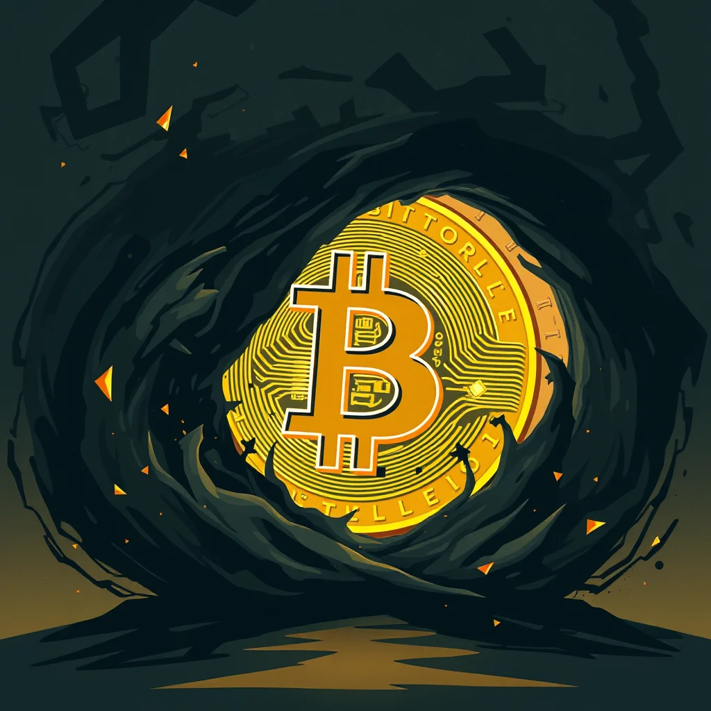 A stylized illustration of a large golden Bitcoin symbol at the center, emerging from a dark, cavernous opening. The Bitcoin is detailed with circuitry patterns and text around its edge. Jagged, dark shapes surround the opening, with small orange triangles and specks of light scattered around them, suggesting an intense or dramatic setting. The overall color palette is dominated by dark grays, blacks, and the bright yellow-gold of the Bitcoin.