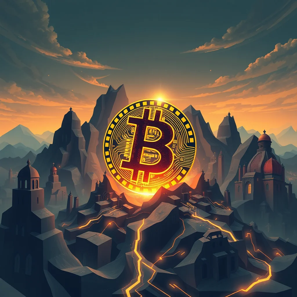 A large, glowing Bitcoin symbol hovers over a mountainous, futuristic cityscape at sunset.