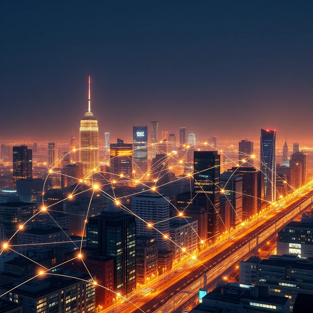 An aerial view of a cityscape at night, with illuminated skyscrapers connected by a network of glowing orange lines, suggesting a digital or telecommunications theme.