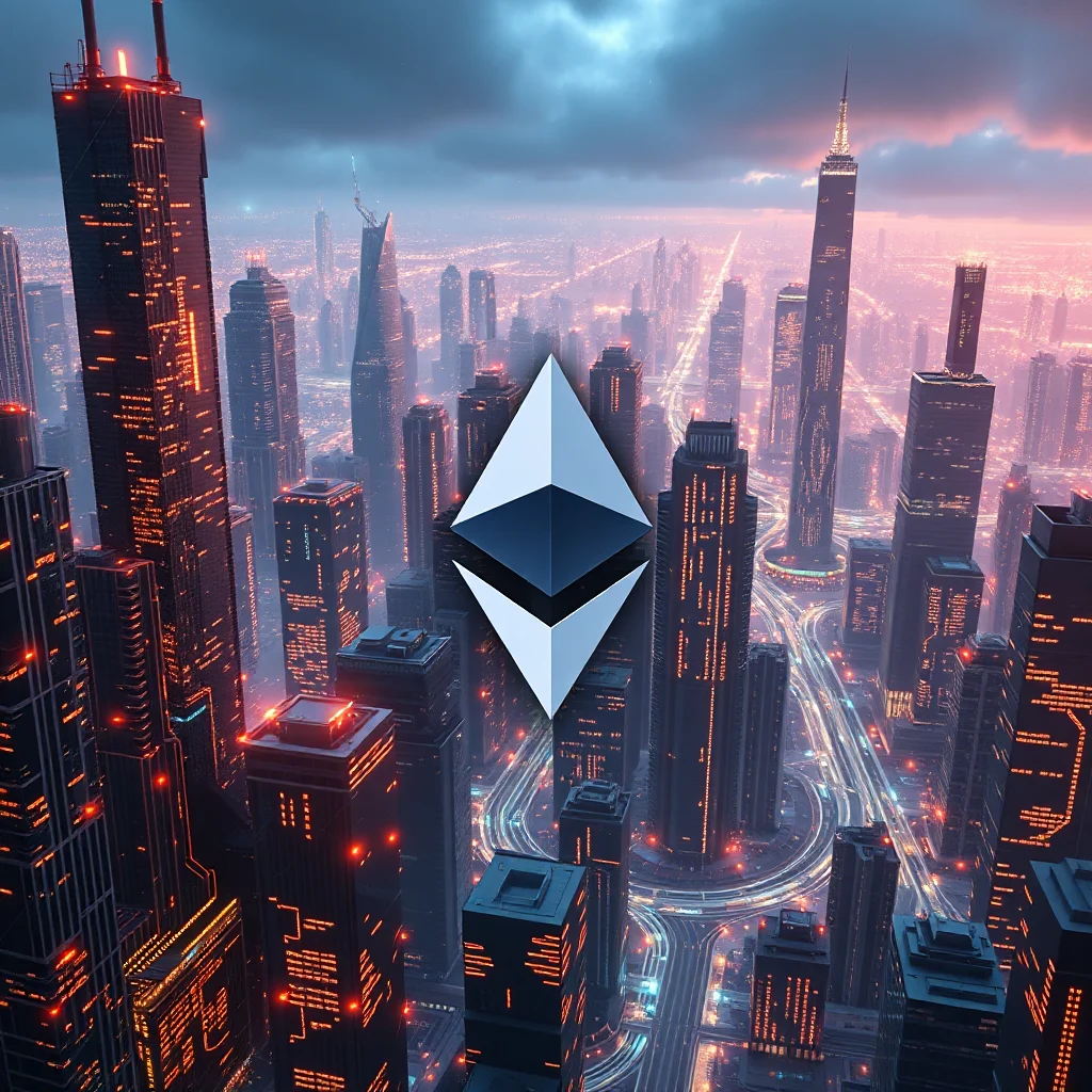 The Ethereum logo is superimposed over a sprawling, illuminated cityscape at dusk, with towering skyscrapers, winding roads, and distant lights.