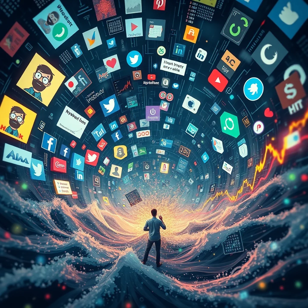 A man stands on a wave in a sea of swirling social media icons and digital screens, facing a tunnel of glowing applications and data.