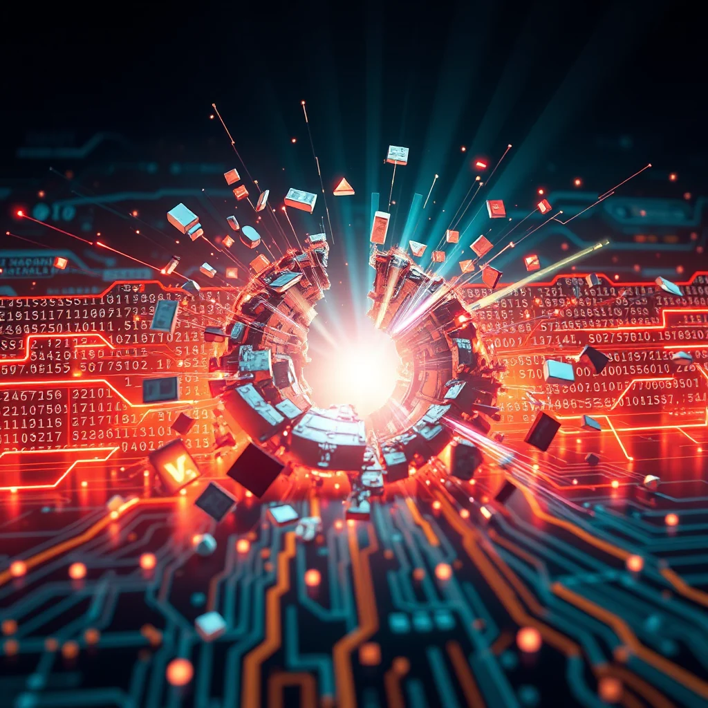 A digital portal or wormhole pulsing with bright white light and emanating glowing red energy, surrounded by floating digital cubes and data streams, set against a backdrop of complex circuitry and binary code.