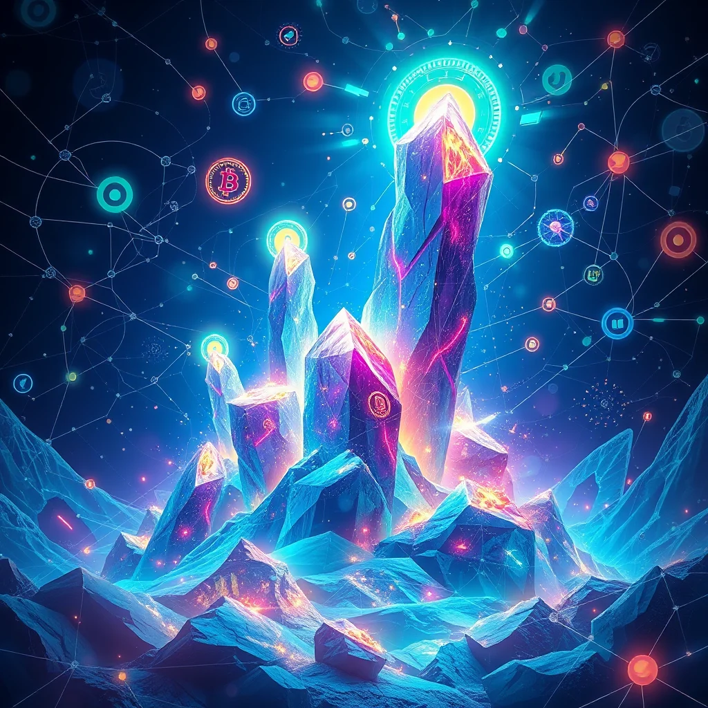 A digitally rendered landscape of jagged, luminous blue and purple crystals emerges from a dark, starry background. The crystals are multifaceted and appear to emit an internal glow, with streaks of orange and pink light pulsing through them. Surrounding the crystalline peaks is a network of thin, glowing lines connecting various circular icons, some of which resemble cryptocurrency symbols like Bitcoin. The overall impression is futuristic and abstract, evoking themes of digital currency and blockchain technology.
