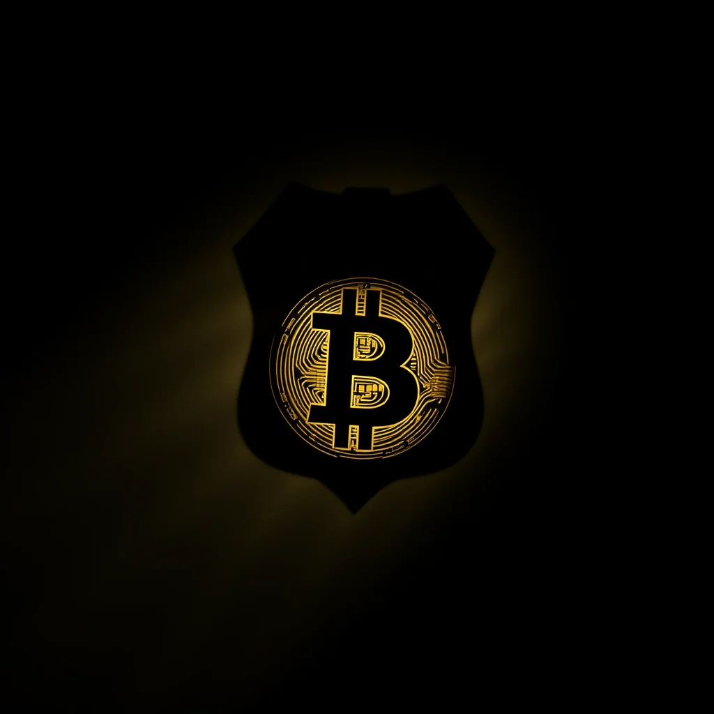 A golden bitcoin symbol is displayed on a dark background, enclosed within a shield shape.