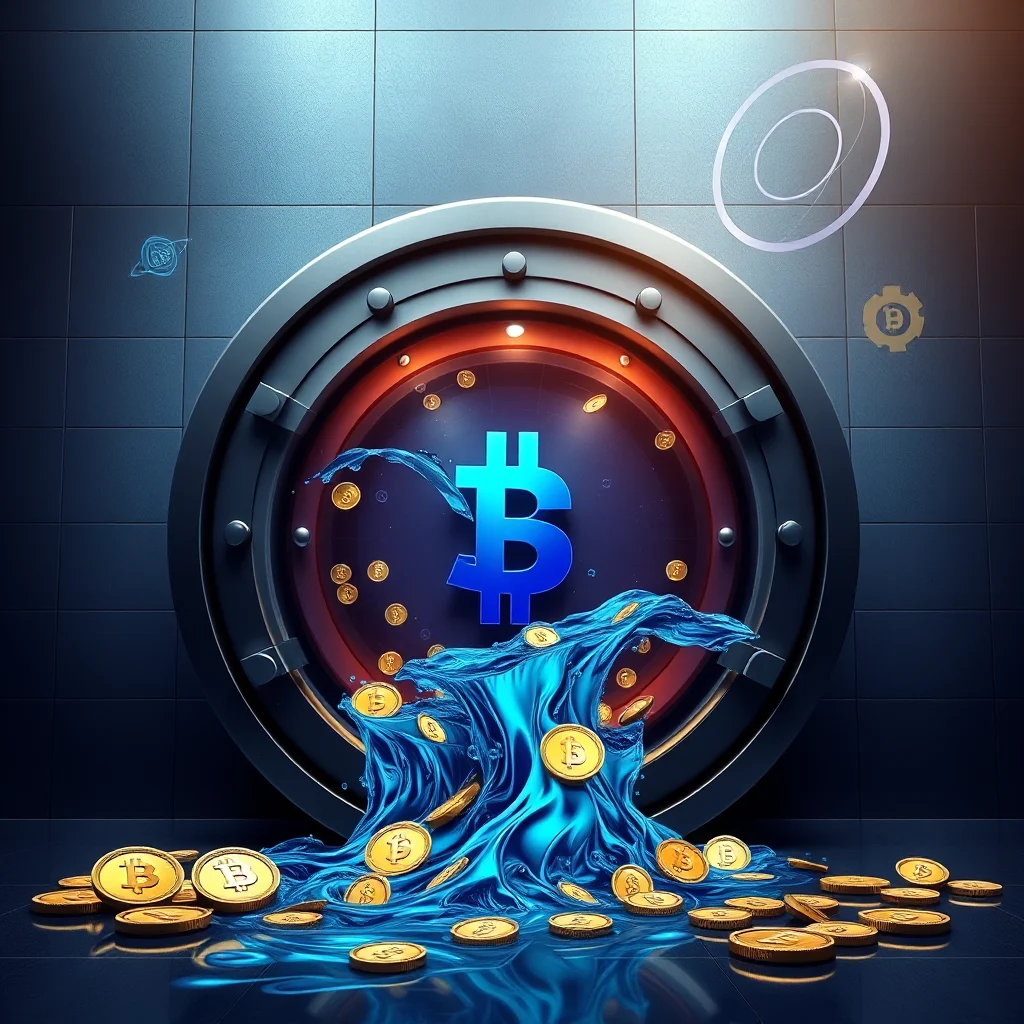 A large, circular vault door with a red-tinted, circular window displaying a glowing blue Bitcoin symbol and several gold Bitcoin coins scattered within. Blue, liquid-like waves are cascading out of the vault door, carrying more gold Bitcoin coins. The coins are also scattered on the glossy, reflective floor in front of the vault. The wall behind the vault is dark gray with a tiled pattern, and there are abstract, glowing symbols on the wall to the left and right of the vault.