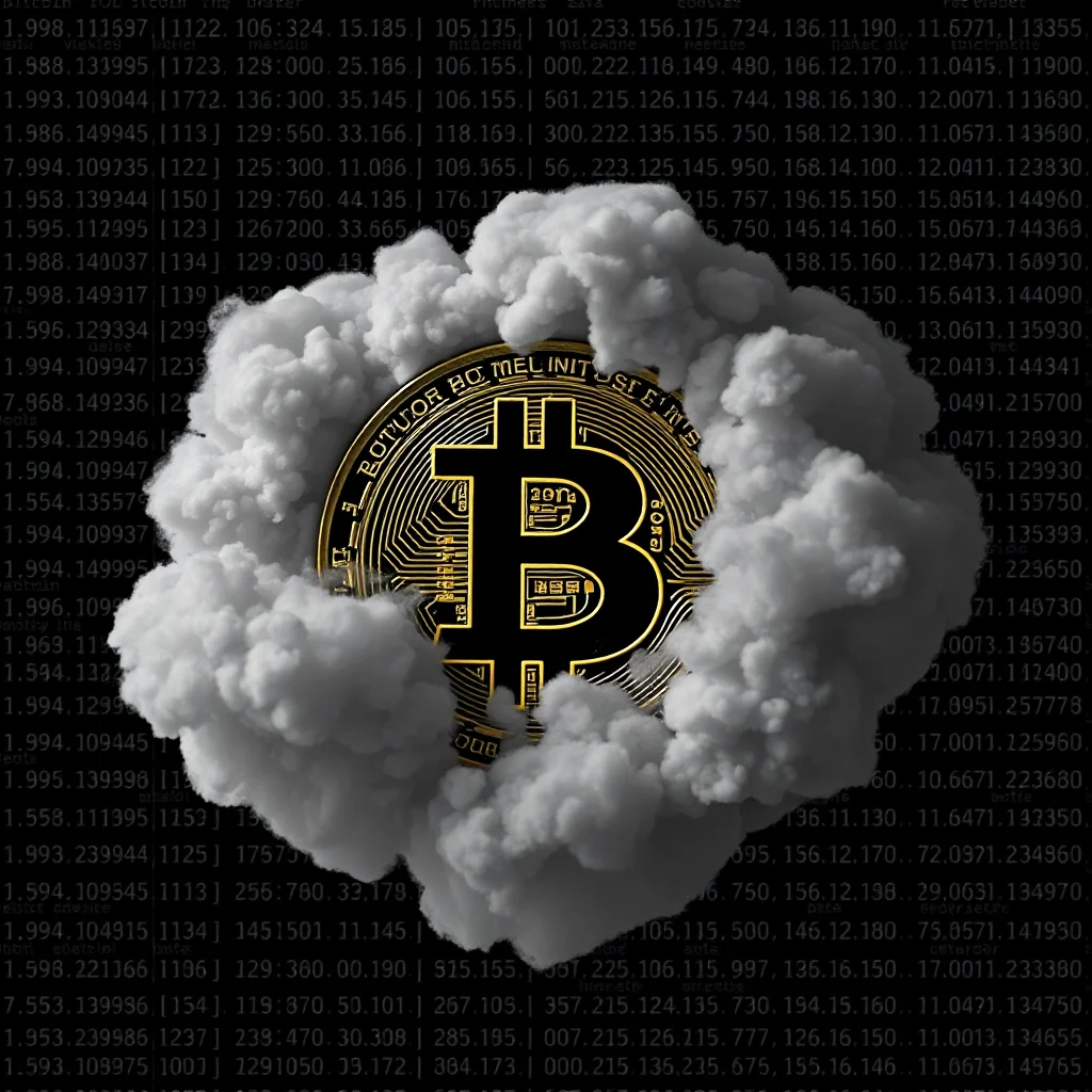 A golden Bitcoin symbol emerges from a swirling mass of white clouds against a dark background filled with lines of code and financial data.