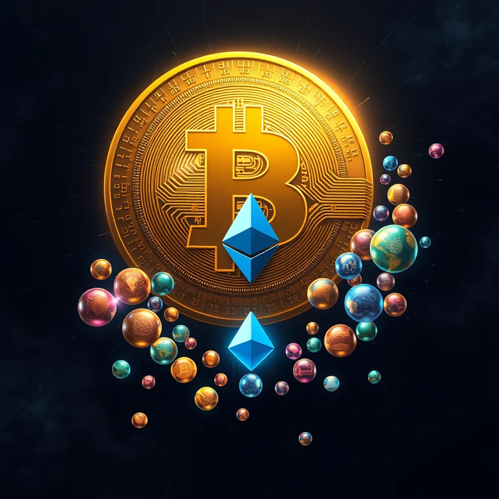 A large golden Bitcoin coin dominates the center of the image, with a glowing ethereal aura. Two blue Ethereum symbols are positioned in front of the Bitcoin coin, one larger and centered, the other smaller and below it. Surrounding the Bitcoin and Ethereum symbols is a cluster of smaller spherical orbs, many depicting colorful, stylized representations of Earth or containing intricate circular patterns. The background is dark and abstract, with streaks of light suggesting a cosmic or digital environment.