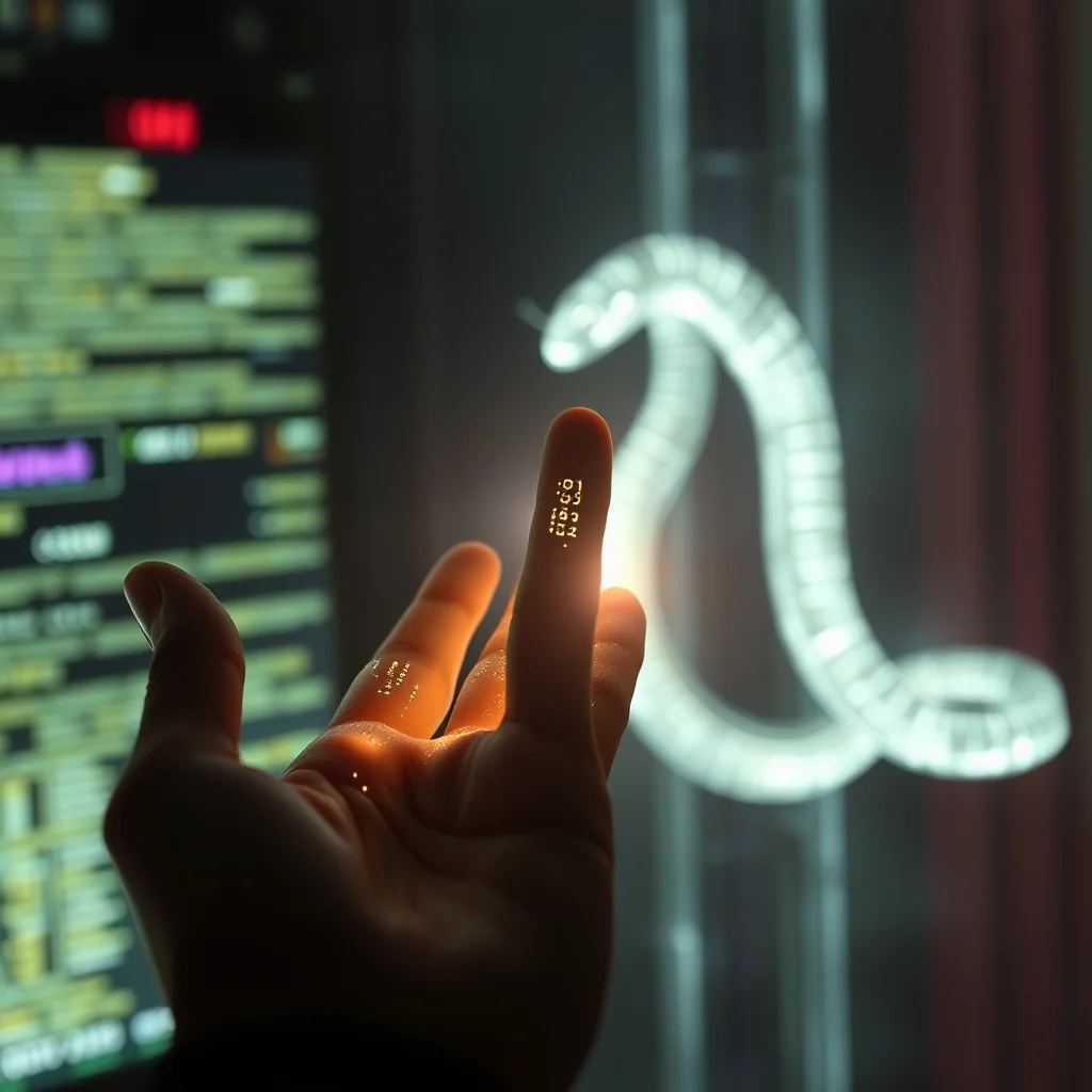 A person's hand is reaching out with their index finger extended, upon which a small digital display shows a QR code. In the background, a glowing, futuristic cobra-like robot is coiled and poised. To the left, a dark screen displays lines of green and yellow code.