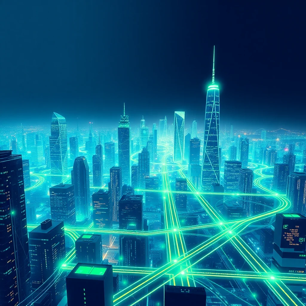 A futuristic cityscape at night, with towering skyscrapers illuminated by vibrant neon lights in shades of blue and green. Glowing green lines, resembling pathways or data streams, weave through the city, connecting the buildings and creating an impression of advanced technology and interconnectedness.