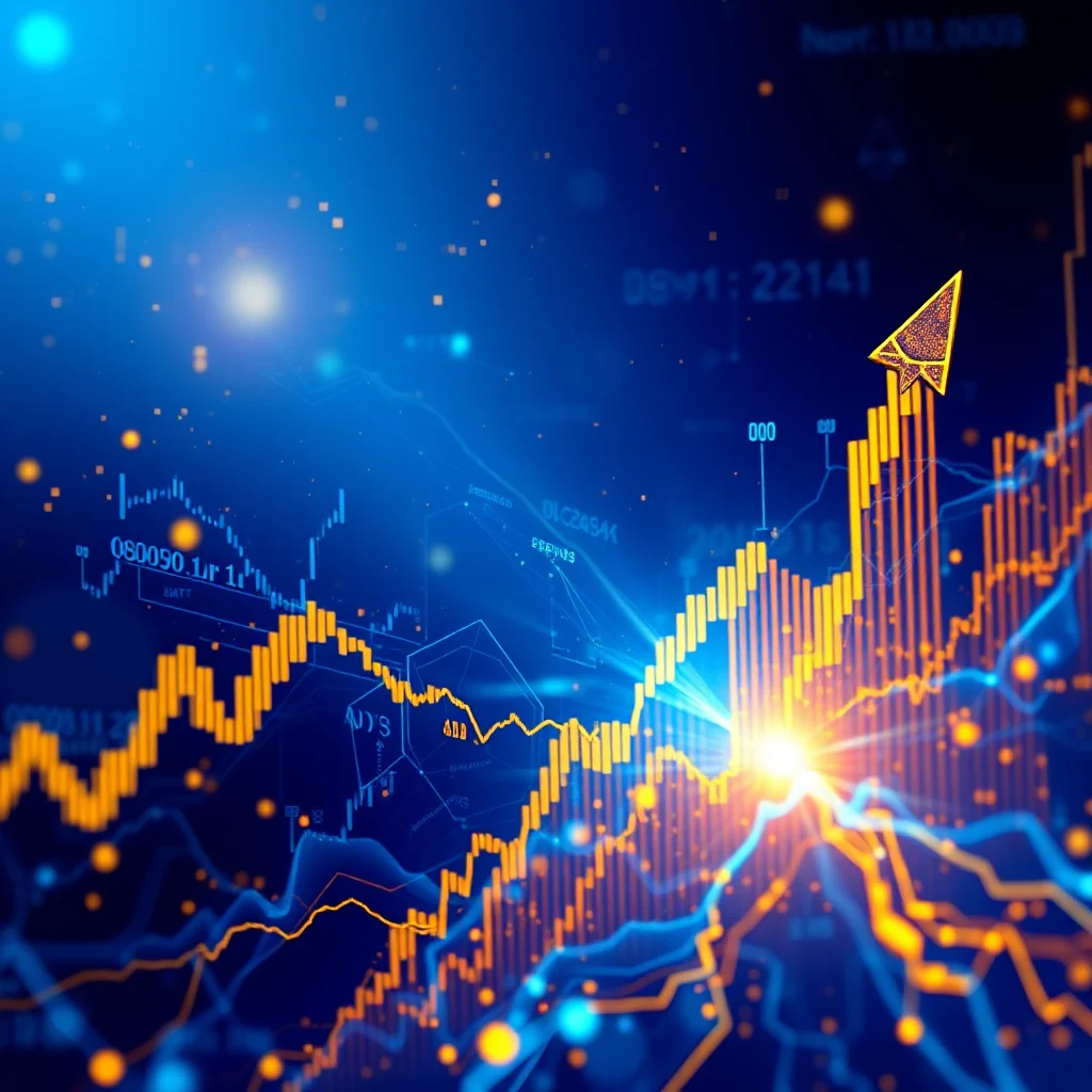 An upward trending stock market graph with a golden arrow pointing up, set against a dark blue background with glowing digital elements.