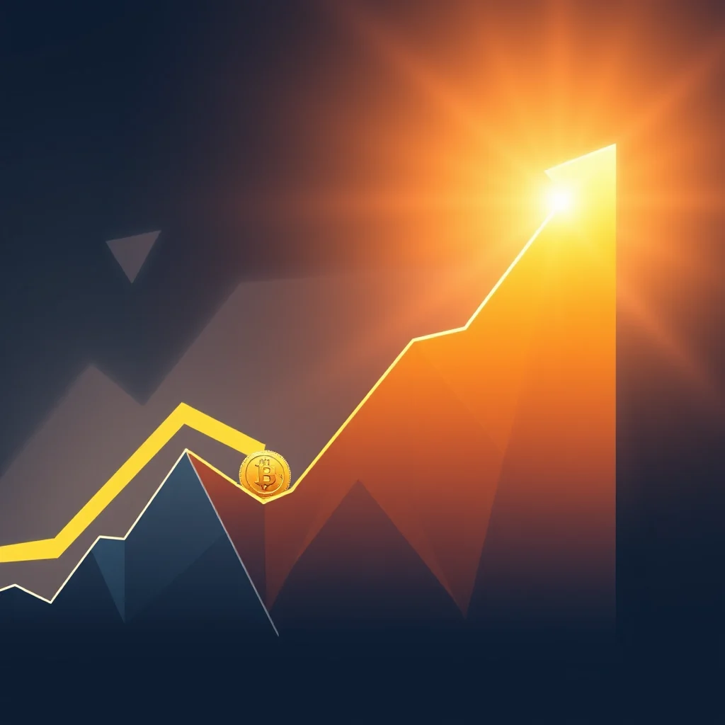 A cryptocurrency chart with a gold Bitcoin coin on a rising orange arrow, set against a dark background with a bright sunburst effect.