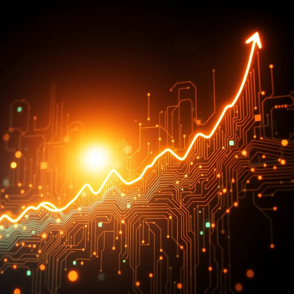 A bright orange line chart with an upward trend and an arrow at the peak, superimposed on a dark background with glowing orange circuit board patterns and lights.