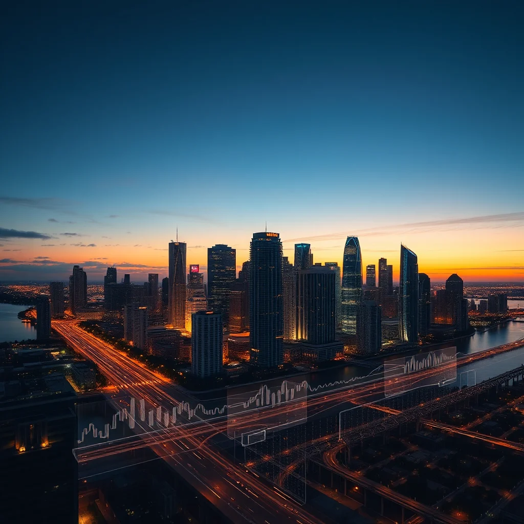 An aerial view of a modern cityscape at dusk, featuring a cluster of illuminated skyscrapers and a river. A network of glowing traffic trails from cars on a highway is superimposed with a transparent financial graph, suggesting economic activity and data analysis.