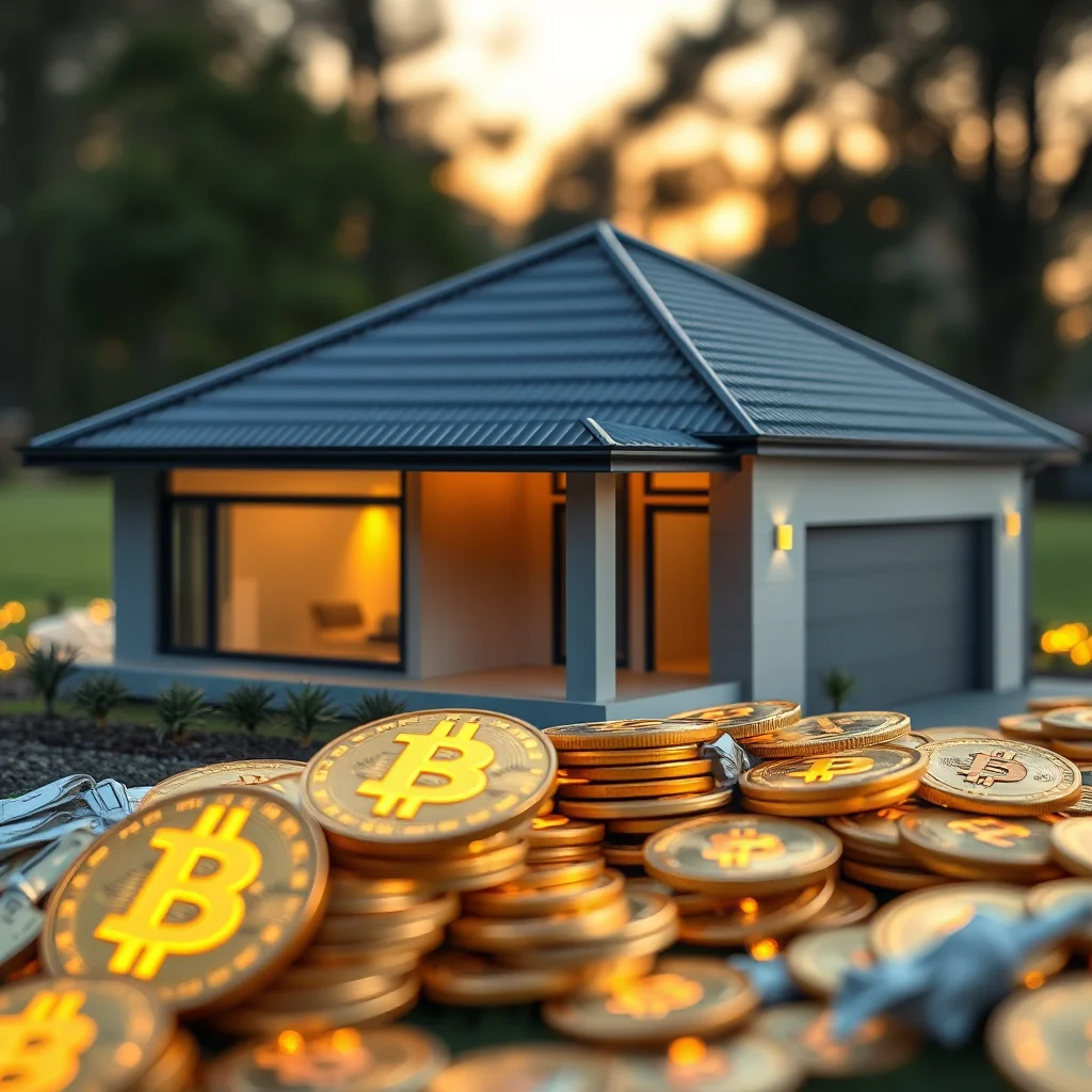 A miniature house is surrounded by stacks of gold Bitcoin coins, with a warm sunset in the background.