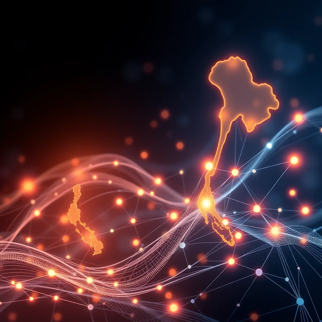 A glowing orange outline of Thailand on a dark background, connected by a network of luminous nodes and lines, with waves of light flowing beneath.