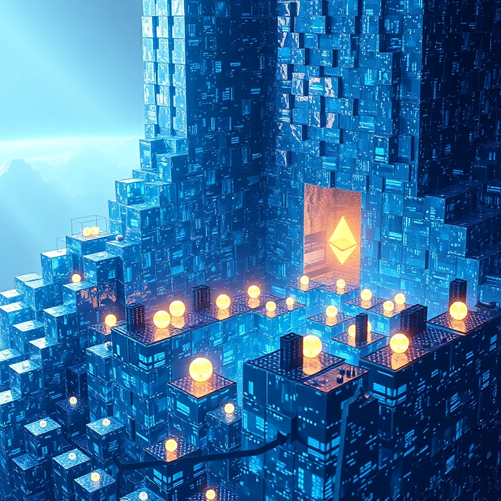 A futuristic cityscape made of luminous blue cubes, with glowing yellow spheres and towers, and the Ethereum logo illuminated in gold within an archway.