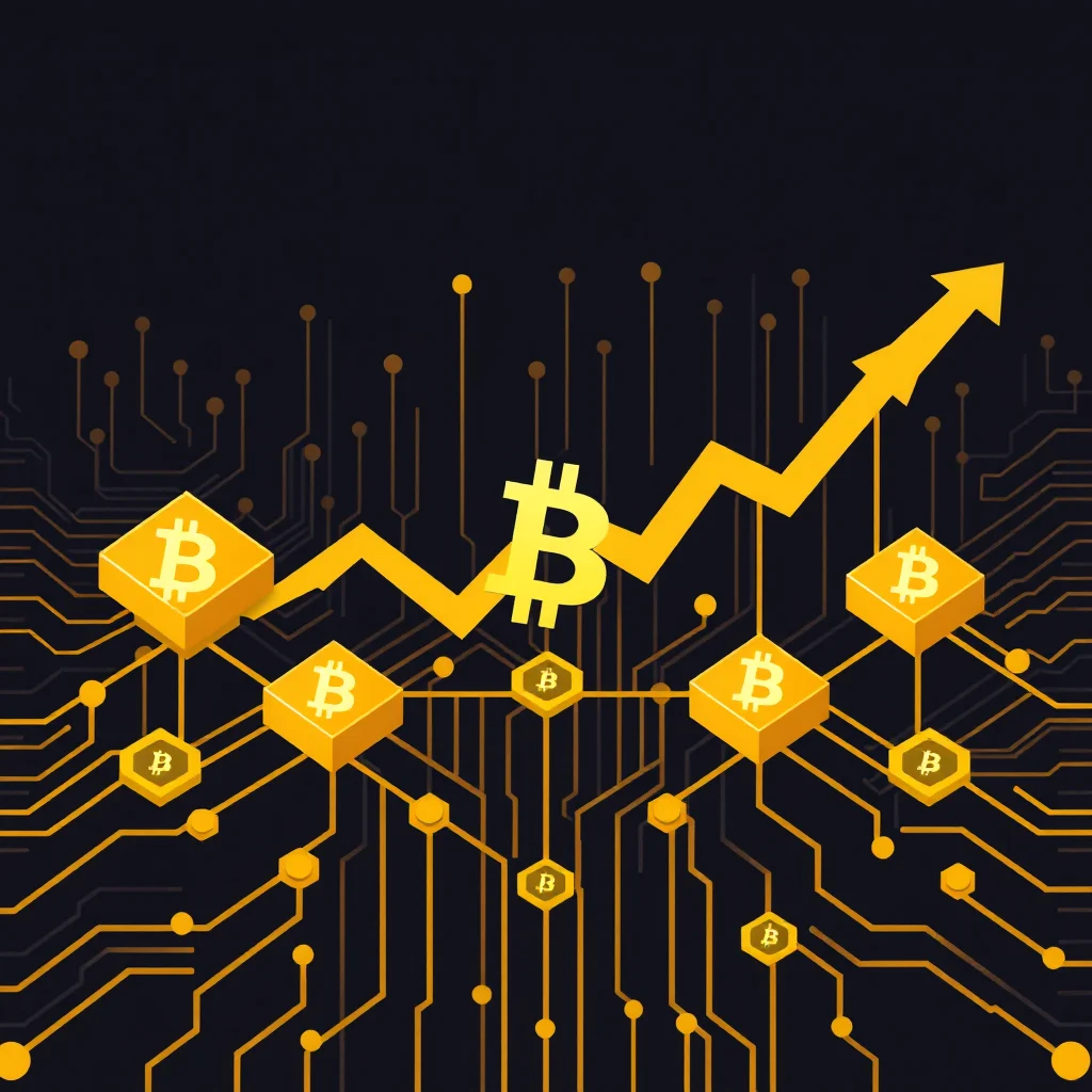 An upward trending yellow arrow graph overlays a dark background with a circuit board pattern. Several yellow cubes with a Bitcoin symbol are placed at intervals along the graph, suggesting growth in cryptocurrency value.