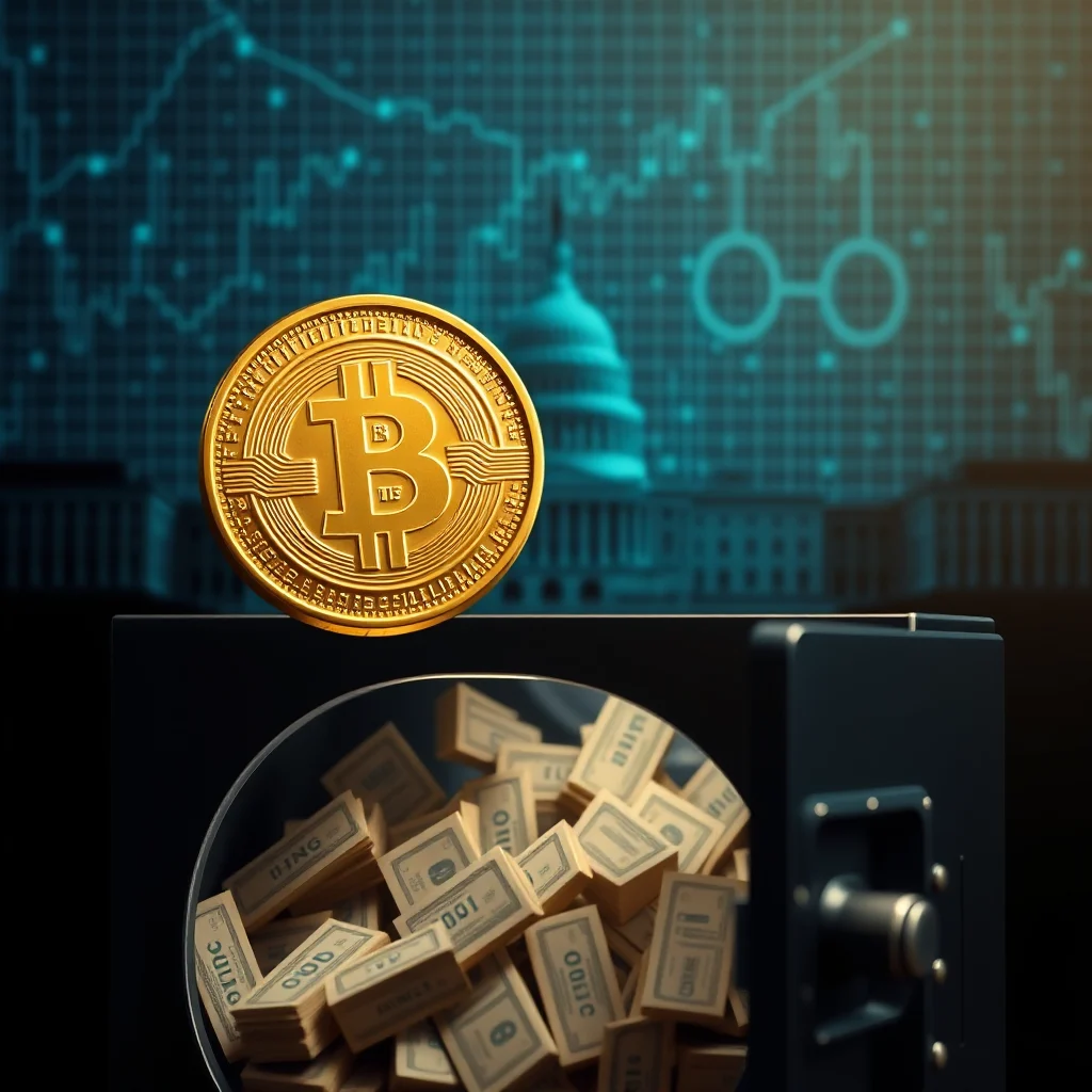 A gold Bitcoin coin sits atop an open safe filled with stacks of cash, with a blurred image of the US Capitol building and a stock market graph in the background.