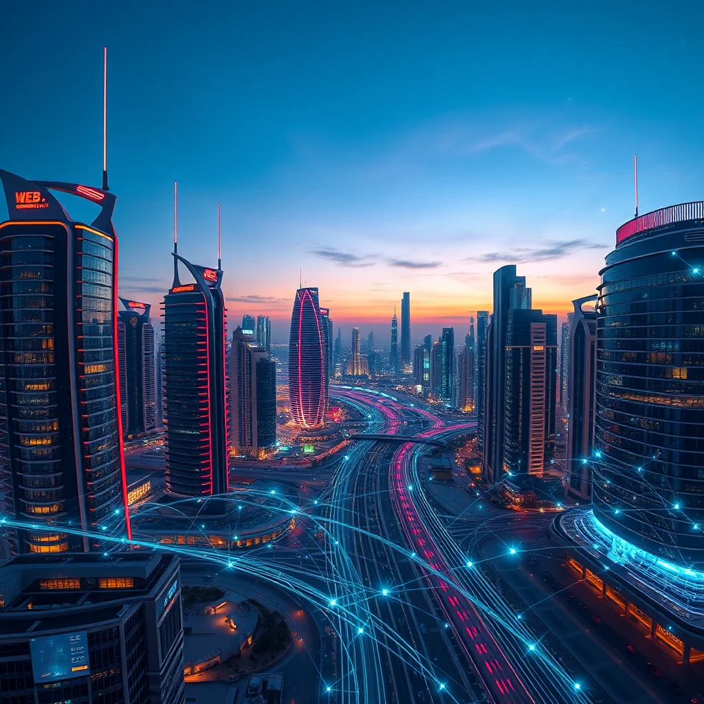 An aerial view of a futuristic city at dusk, with skyscrapers illuminated by red and blue lights, and glowing blue lines connecting buildings, suggesting a network or data flow.