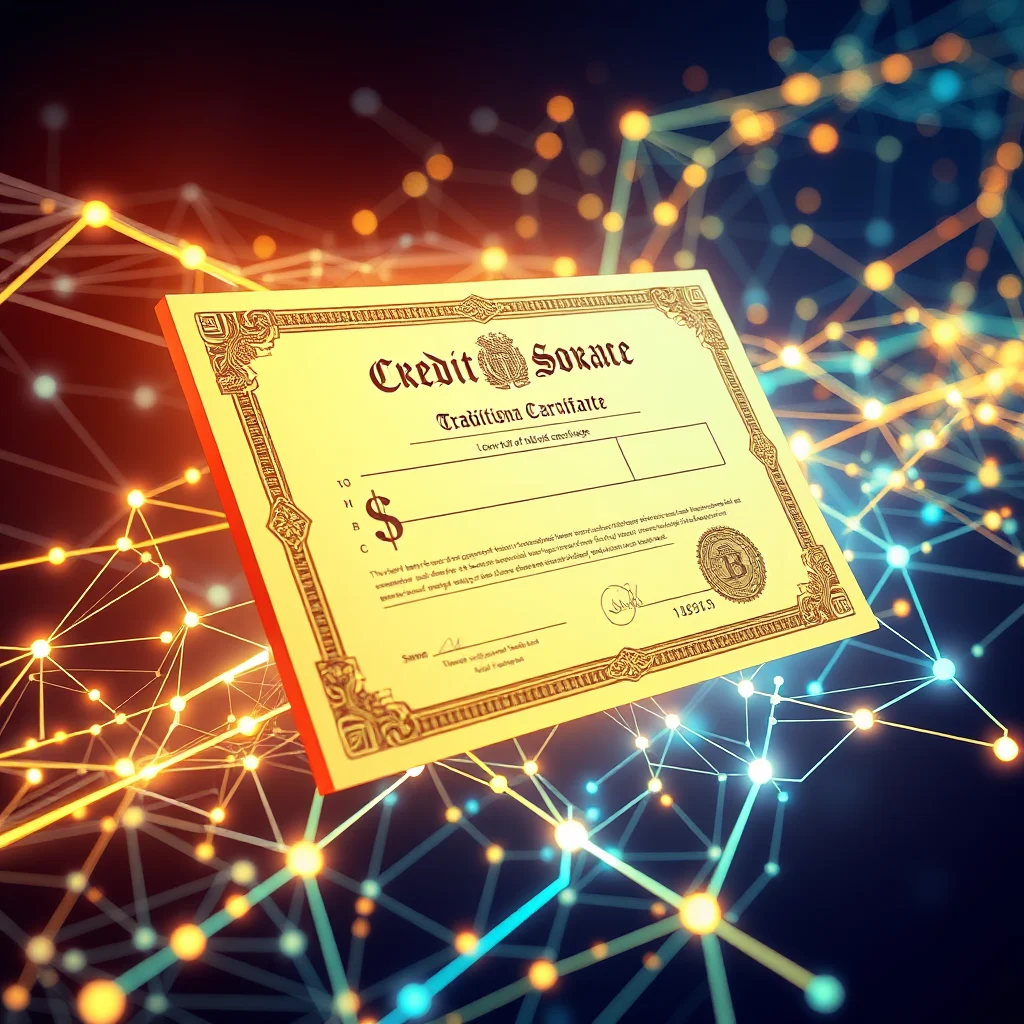 A golden certificate with "Credit Sorace" written at the top, lying on a digital network of glowing orange and blue nodes and lines against a dark background.