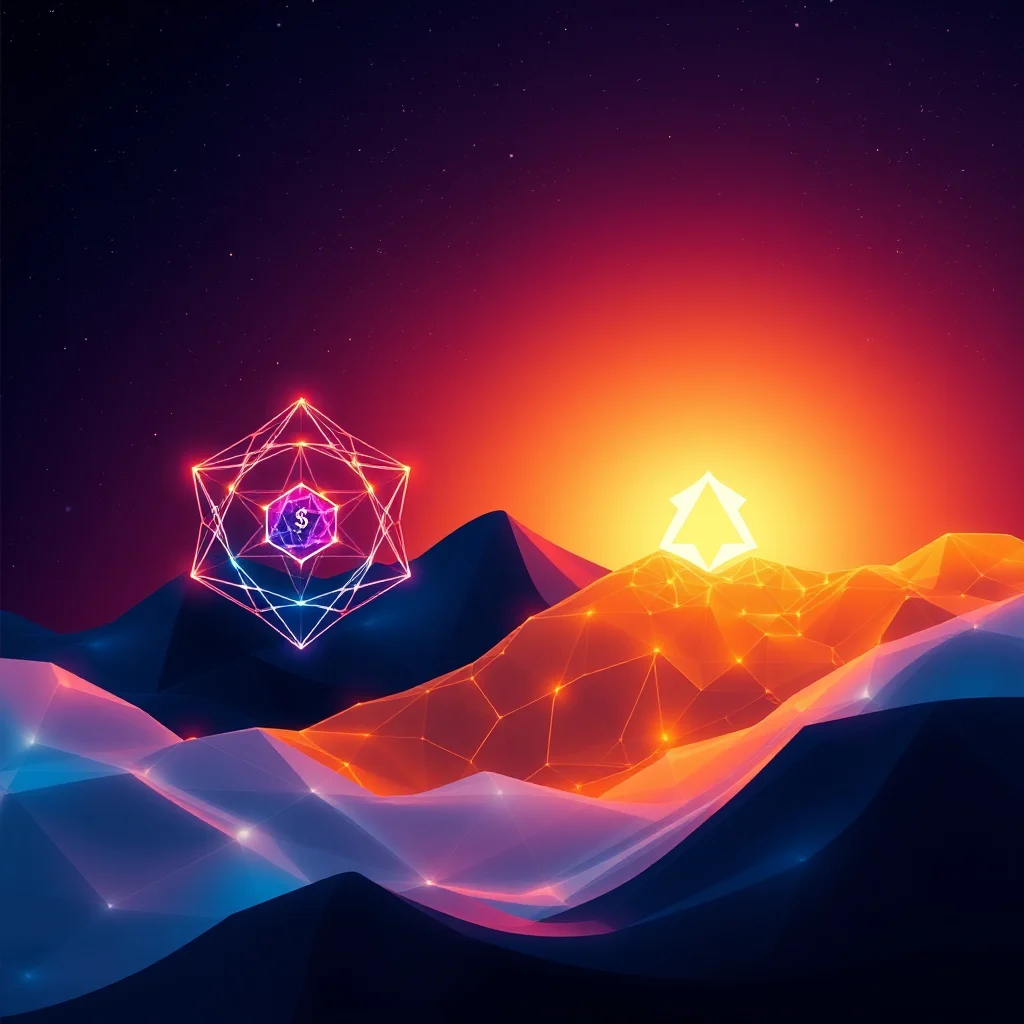 A futuristic landscape with glowing geometric shapes and mountains under a starry, gradient sky.