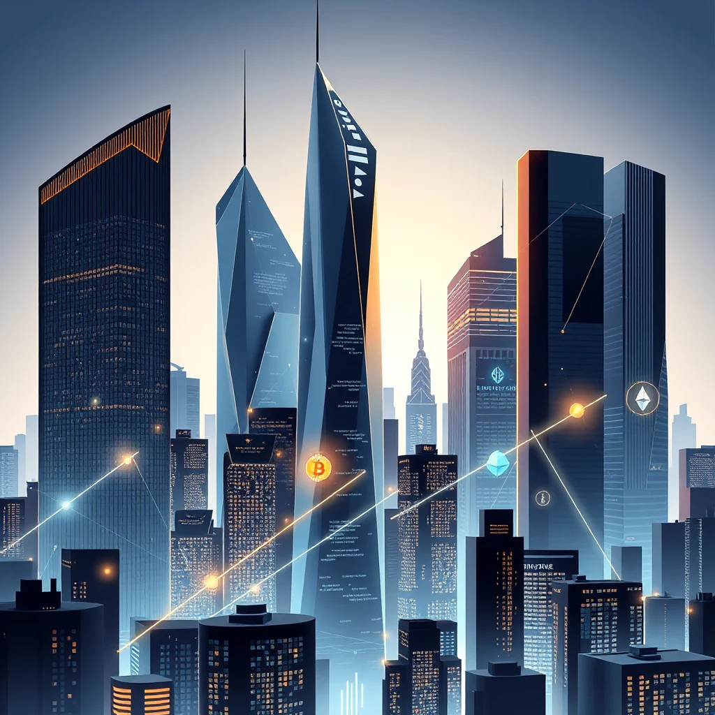 A futuristic city skyline with sleek, modern skyscrapers illuminated by neon lights, featuring glowing Bitcoin and Ethereum symbols intertwined with abstract data streams.