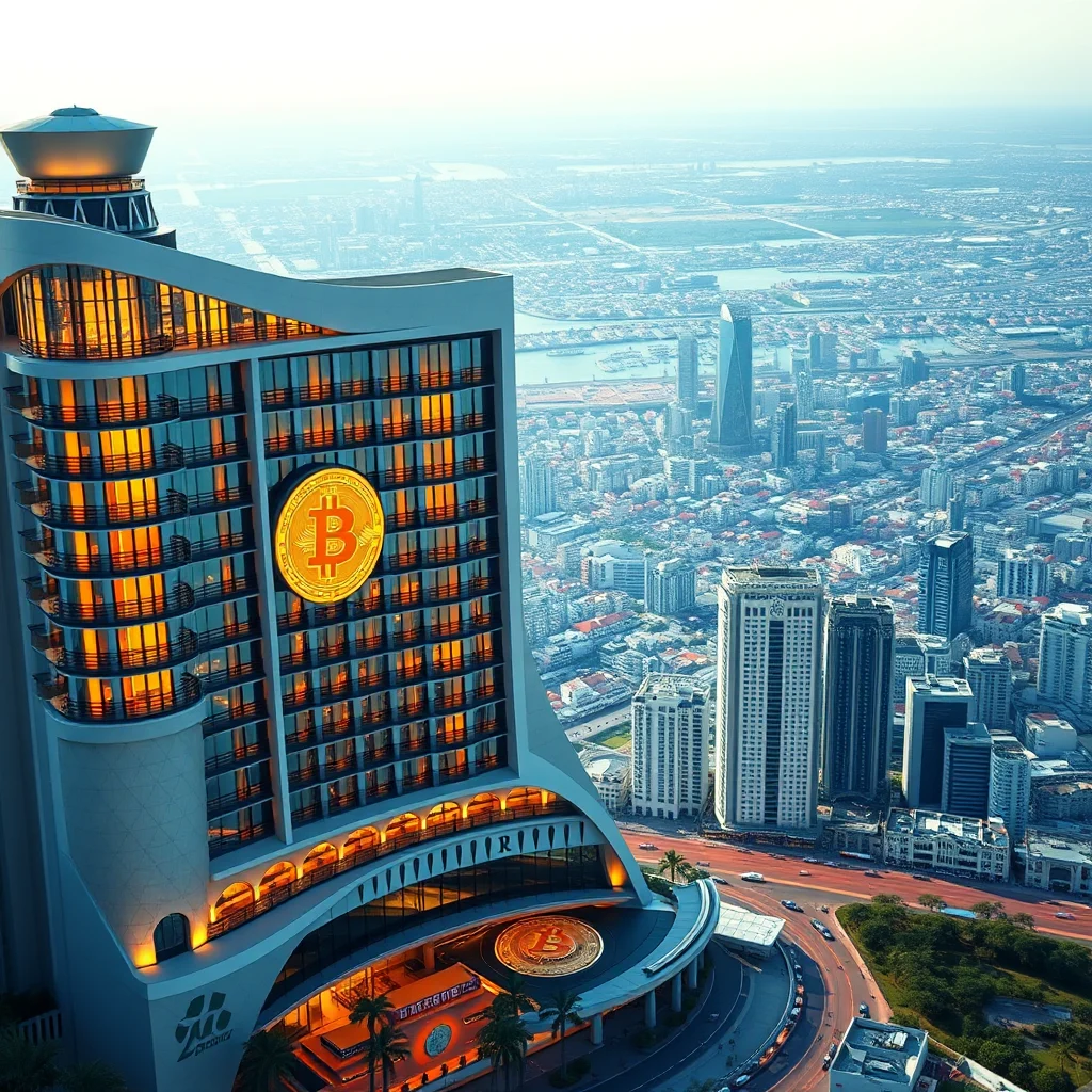 An aerial view of a modern, futuristic skyscraper with a giant golden Bitcoin symbol emblazoned on its facade, illuminated by warm lights against a hazy cityscape.
