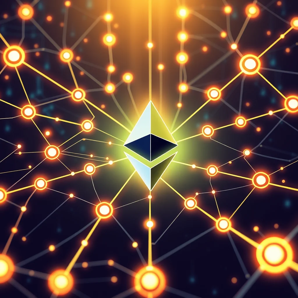 The Ethereum logo is depicted in the center of the image, glowing brightly and surrounded by a network of interconnected nodes and lines, rendered in vibrant yellow and orange against a dark blue background.