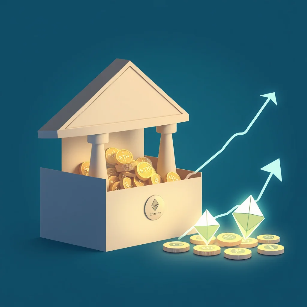 3D render of a bank-like structure overflowing with golden Ethereum coins, with two glowing Ethereum crystal icons and upward trending arrows symbolizing financial growth against a teal background.