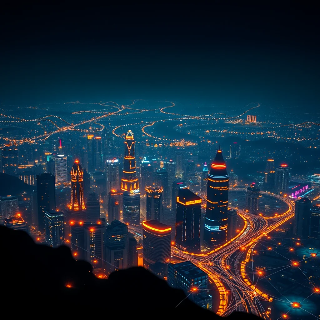 An aerial view of a sprawling cityscape at night, illuminated by the warm glow of countless lights. Tall skyscrapers, some adorned with vibrant neon accents, pierce the dark sky. A complex network of illuminated highways weaves through the urban landscape, with streaks of light from moving vehicles suggesting a city in constant motion. The scene is rich with detail, conveying a sense of vastness and the energetic pulse of a modern metropolis after dark.