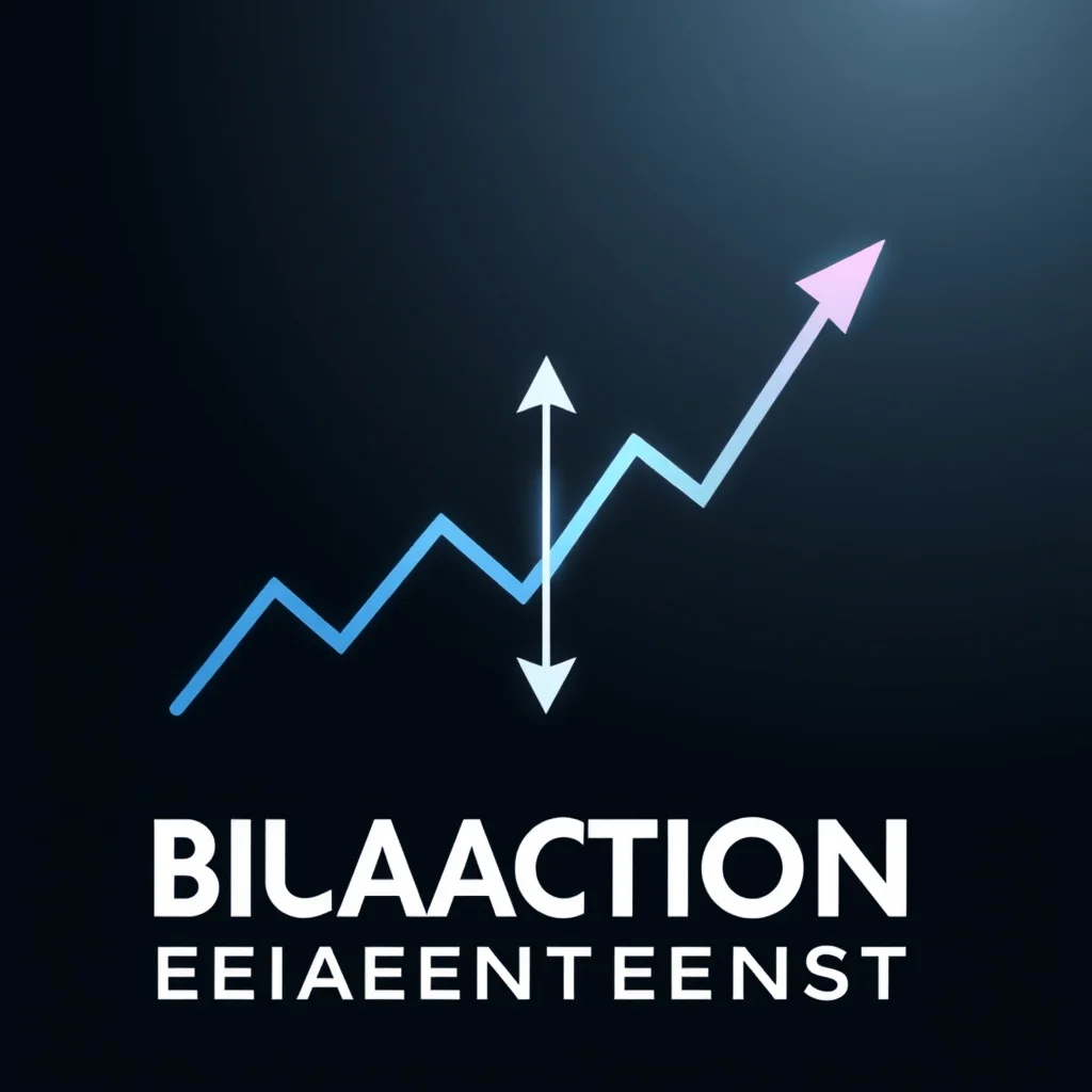 A graphic featuring a blue and pink line graph with an upward trend. The graph is overlaid with a white vertical arrow indicating movement. Below the graph, the text "BILIAACTION" is displayed in large white capital letters, followed by "EEIAEENTEENST" in smaller white capital letters.