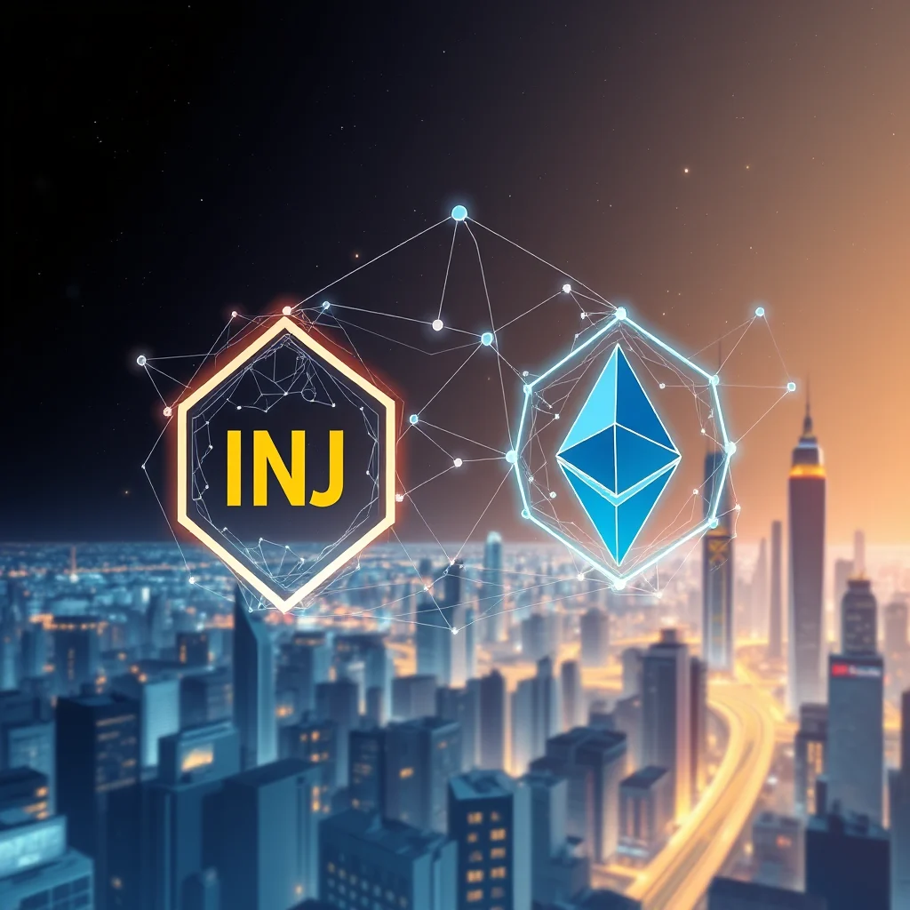 A futuristic digital network overlay shows the INJ and Ethereum logos above a blurred cityscape at dusk.