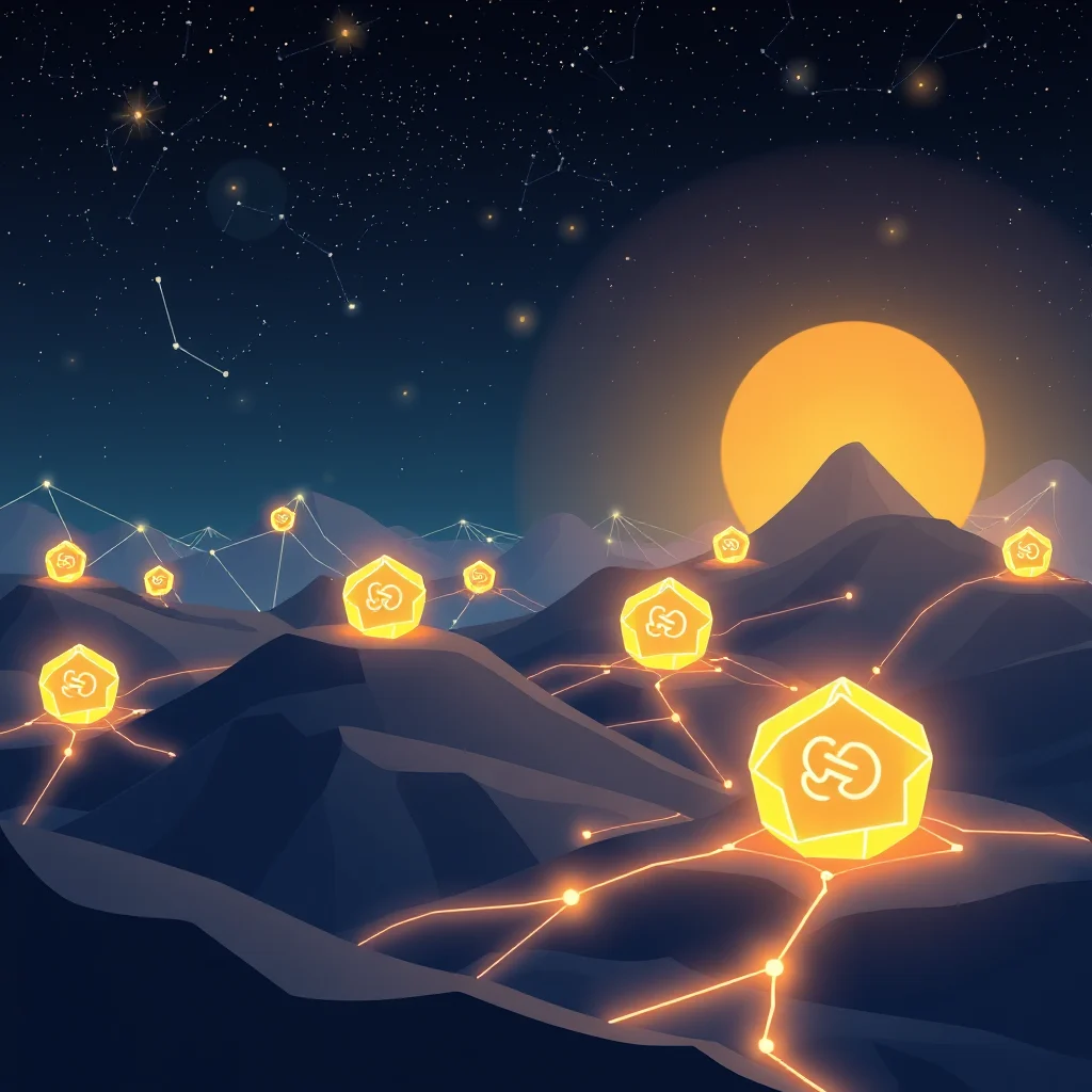 A night landscape with glowing yellow polygonal shapes connected by glowing orange lines on dark blue mountainous terrain, under a starry sky with constellations and a large orange sun behind a mountain.