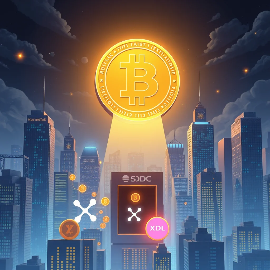 A bright Bitcoin symbol shines down on a futuristic cityscape at night, illuminating various cryptocurrency symbols like XRP, Yuan, and XDL, with some buildings displaying the SDC logo.