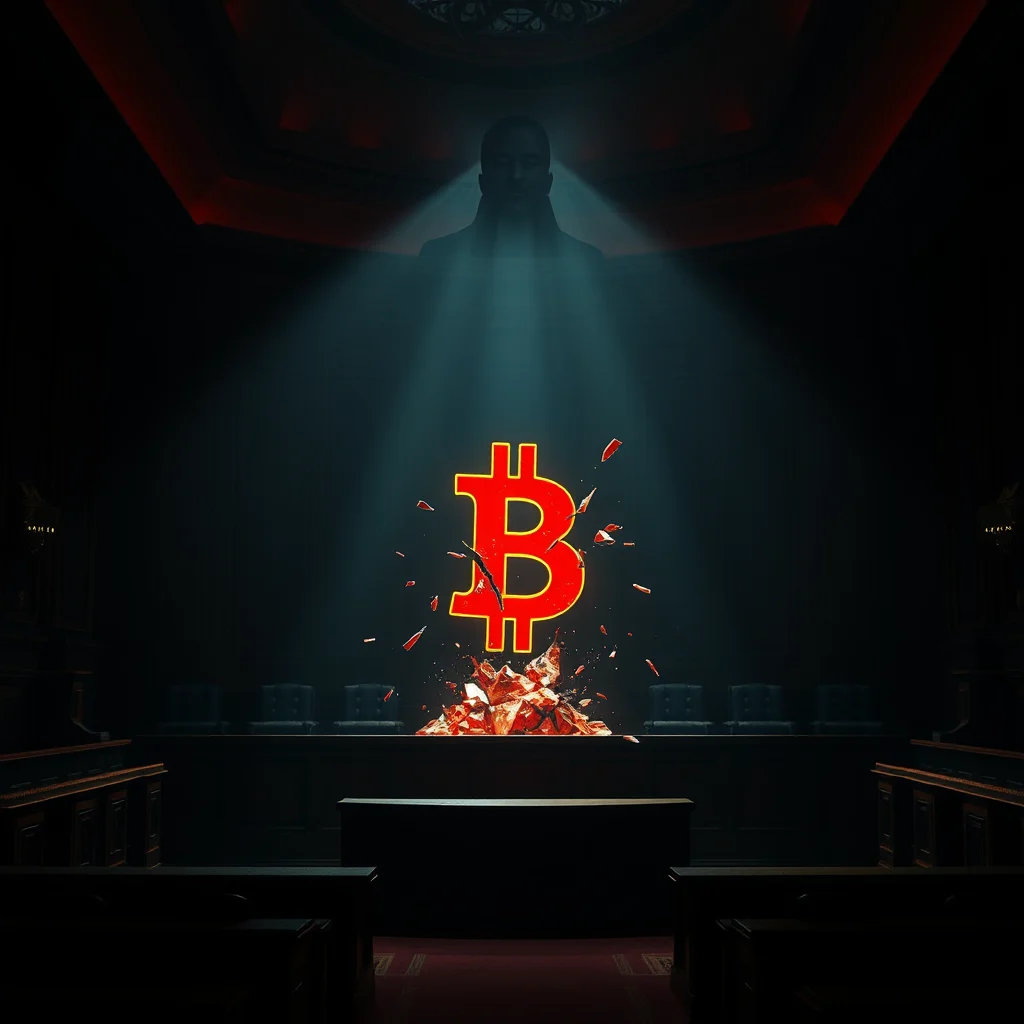 A dramatic digital illustration depicts a courtroom scene with a large, red, glowing Bitcoin symbol shattering into pieces against a dark, textured wall. The symbol is illuminated by two bright blue spotlights emanating from above, casting a dramatic glow on the scene. Below the Bitcoin symbol, a pile of glowing red shards suggests the destruction or fragmentation of the cryptocurrency. The courtroom features rows of dark wooden benches and chairs, a central witness stand, and intricate architectural details on the walls. In the upper portion of the image, a shadowy silhouette of a man's head is faintly visible, seemingly overseeing the scene from a higher vantage point, adding an element of authority or judgment. The overall mood is intense, with a focus on the power and potential fragility of Bitcoin.
