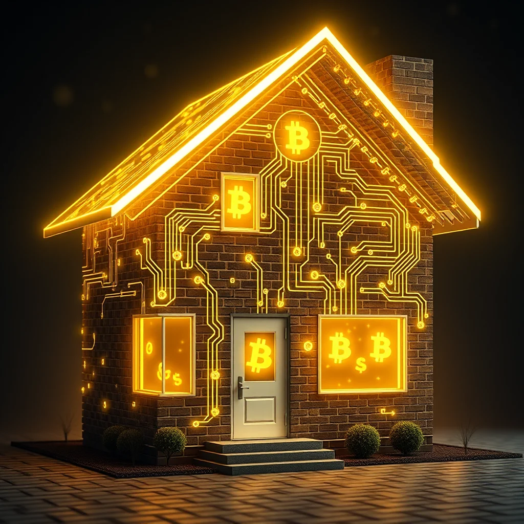 A brick house with neon circuit board patterns and Bitcoin symbols glowing on its roof, windows, and walls, set against a dark background.