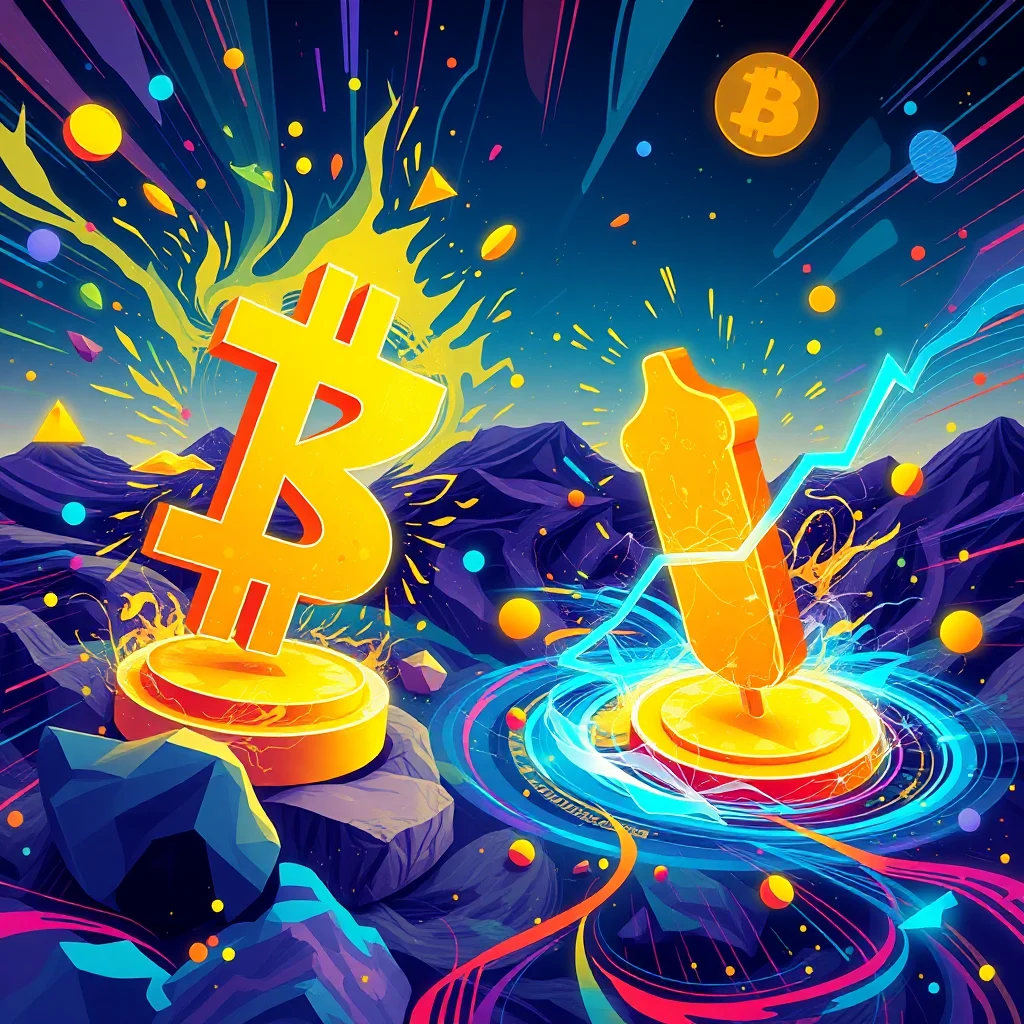An abstract digital artwork depicting a vibrant, energetic landscape with cryptocurrency symbols. In the foreground, a large, bold orange Bitcoin symbol stands prominently on a golden pedestal, set against a backdrop of jagged, purple mountains. To its right, another golden object resembling a candlestick chart is illuminated by bright blue energy, with a light blue line graph rising from it, suggesting financial growth. The sky is a deep blue, filled with streaks of neon colors, scattered dots, and bursts of yellow light, creating a dynamic and futuristic atmosphere. A circular Bitcoin symbol floats in the upper right corner.