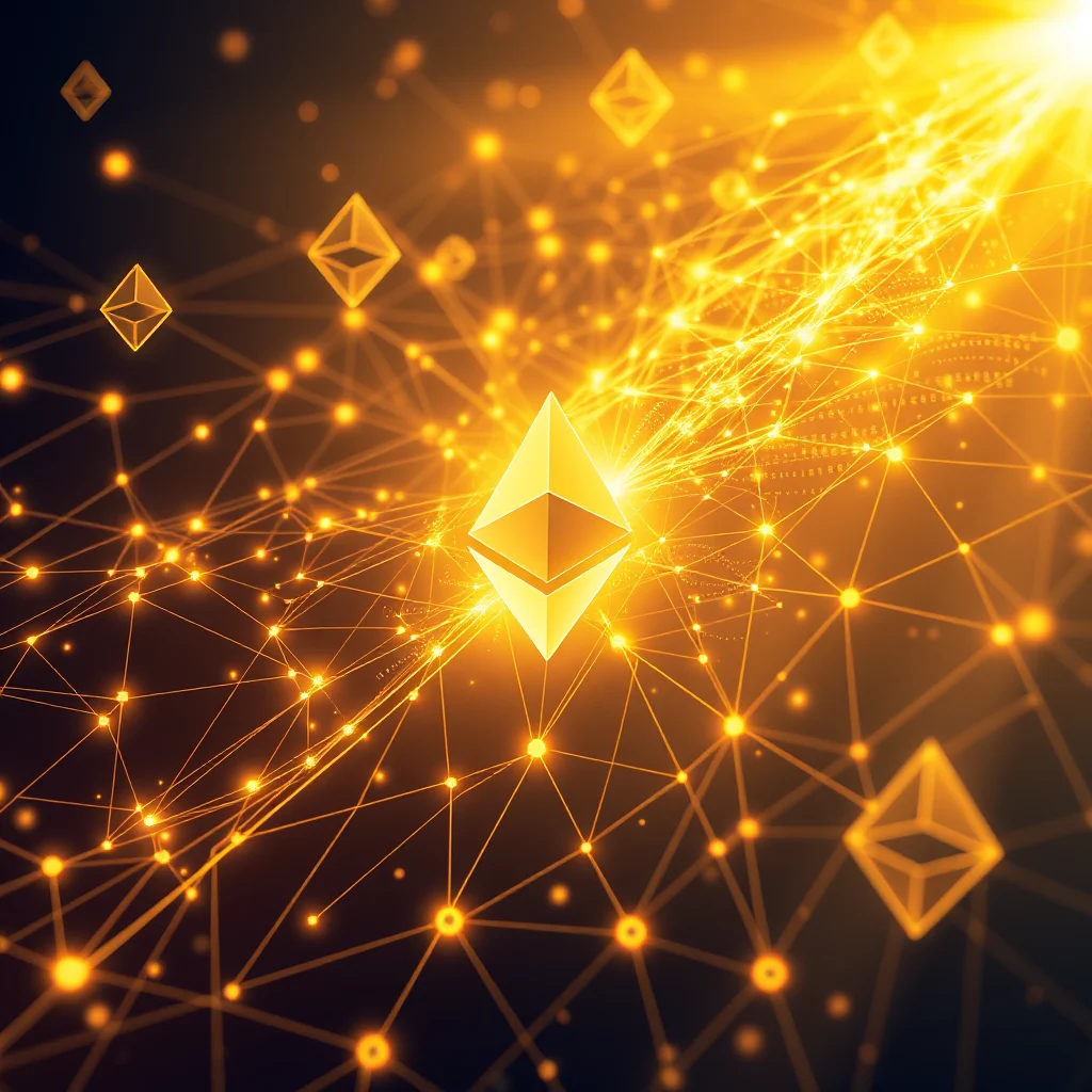 An abstract representation of the Ethereum cryptocurrency network, featuring glowing golden Ethereum symbols interconnected by luminous orange lines and nodes against a dark, gradient background.