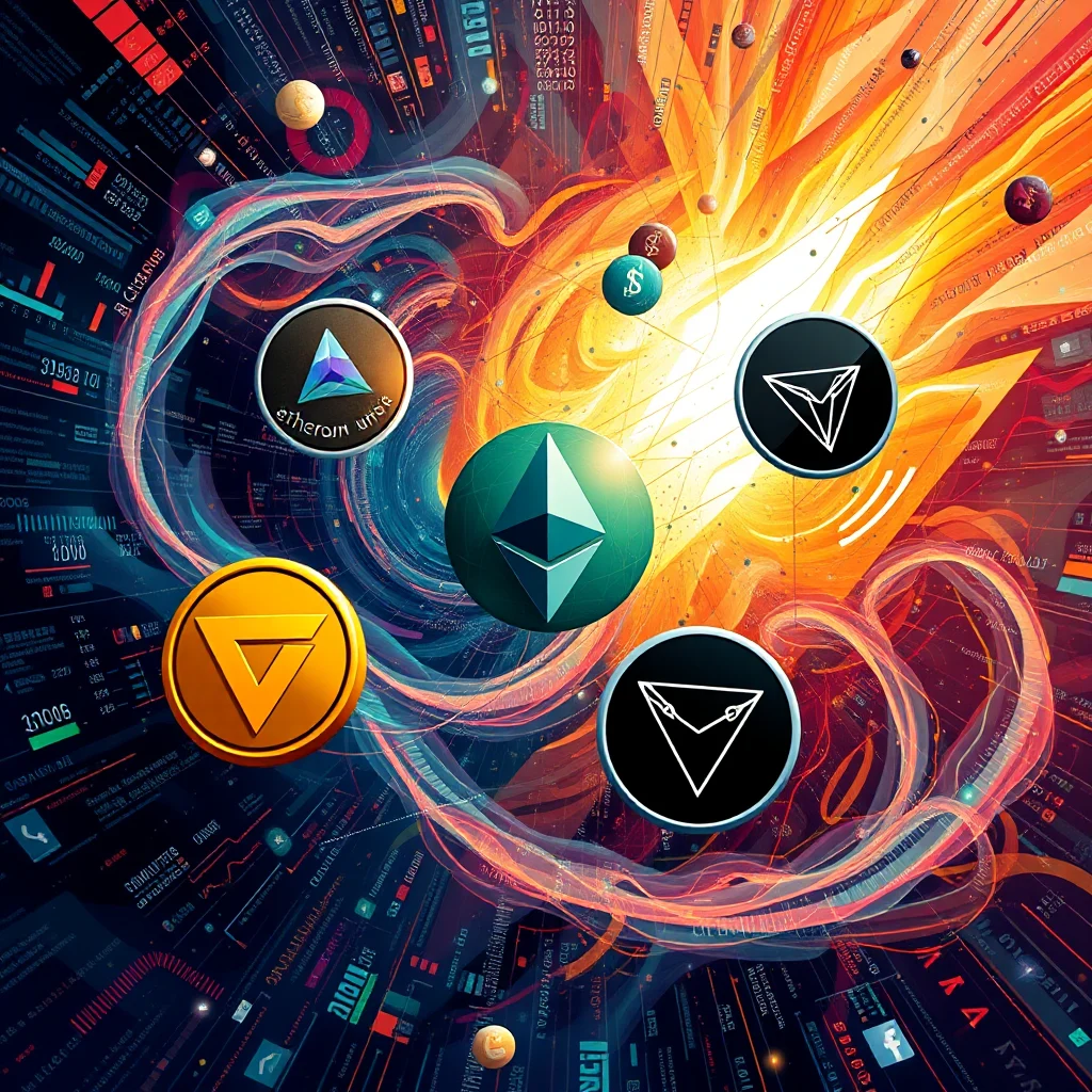A surreal digital art piece depicts a vortex of fiery orange and electric blue, with glowing lines and data streams swirling around cryptocurrency logos. Several circular emblems are prominent: one with a triangular purple and blue gem, labeled "ethereum unse"; another a green sphere with a stylized diamond-like symbol, representing Ethereum; a golden coin featuring an inverted triangle; and two black circles, each containing a white inverted triangle, one possibly representing Tron. Smaller spheres, one with a dollar sign, are scattered within the vibrant, energetic background.