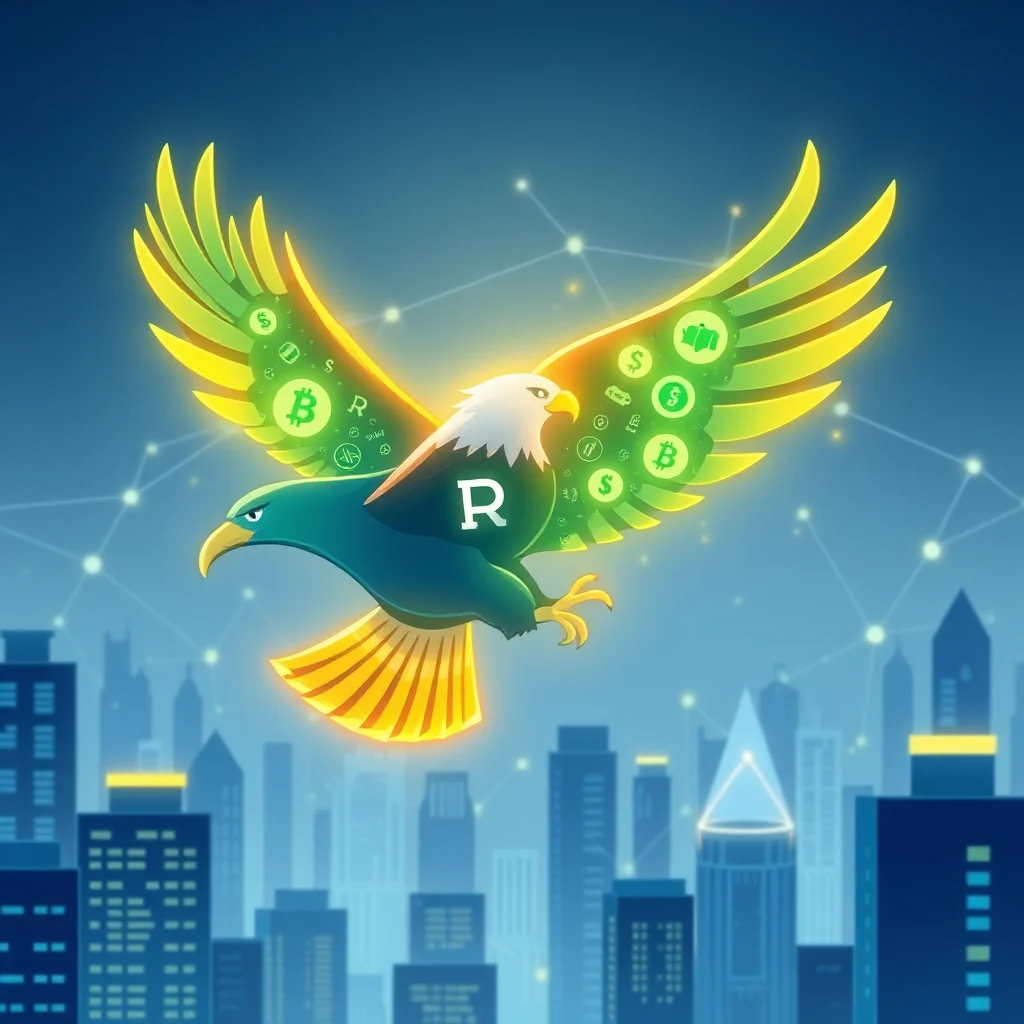 A stylized eagle with glowing green wings adorned with cryptocurrency symbols soars over a futuristic cityscape at dusk.