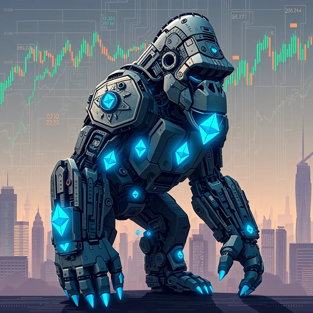 A robotic gorilla with glowing blue Ethereum symbols on its chest, arms, and legs stands in front of a stock market chart.